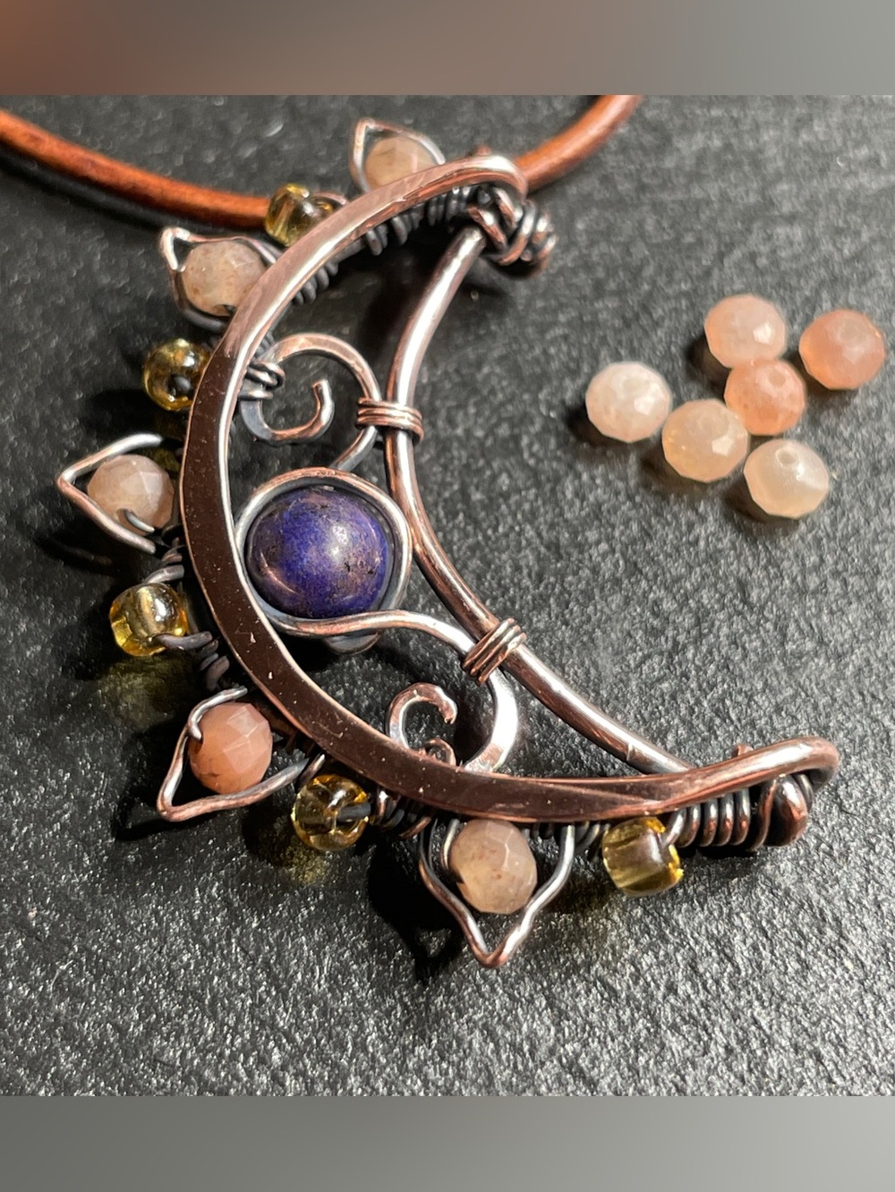 Moon in the Wild Handmade Crescent Necklace — Copper with Lapis And Sunstones - Picture 9 of 13